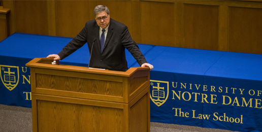 <center>U.S. Attorney General William P. Barr<BR> Offers Honest Assessment of the Culture to Notre Dame Students</center>